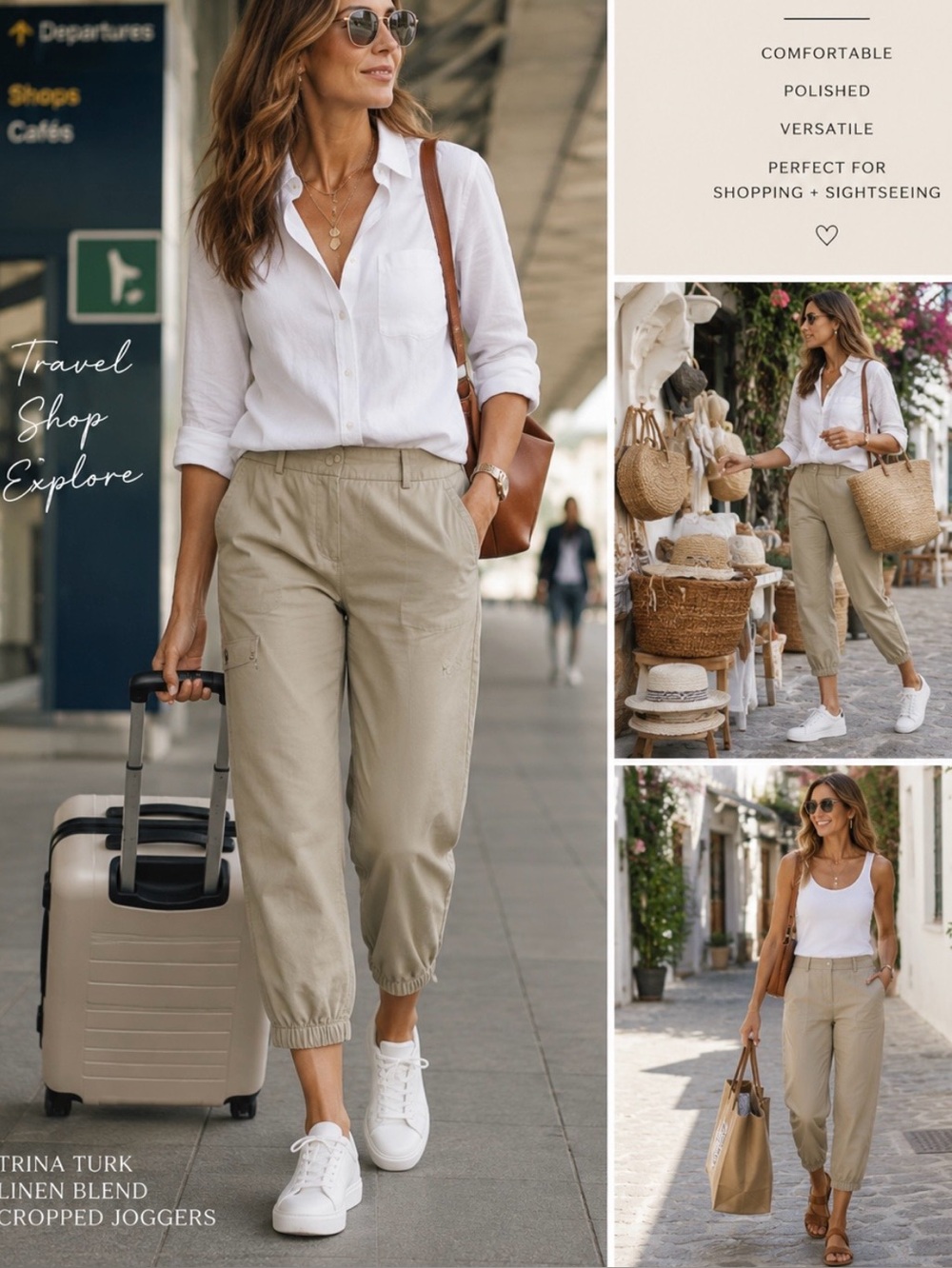 Trina Turk Linen Blend Cropped Jogger Pants Khaki Relaxed Luxe Trousers Sz 10 💛🍄